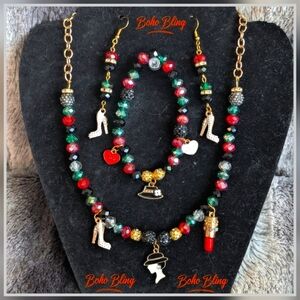 Glamorous Red, Green, and Gold Beaded Jewelry Set with Fun Charms